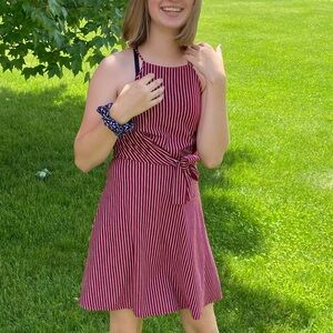 Maroon striped summer dress with waist tie
